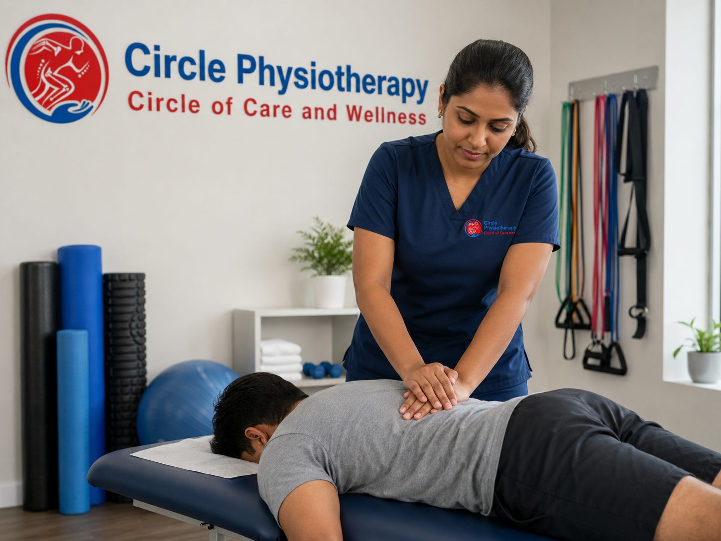 Registered Massage Therapist (RMT) treating shoulder and neck tension at Circle Physiotherapy Brampton — best massage therapy clinic on McLaughlin Road